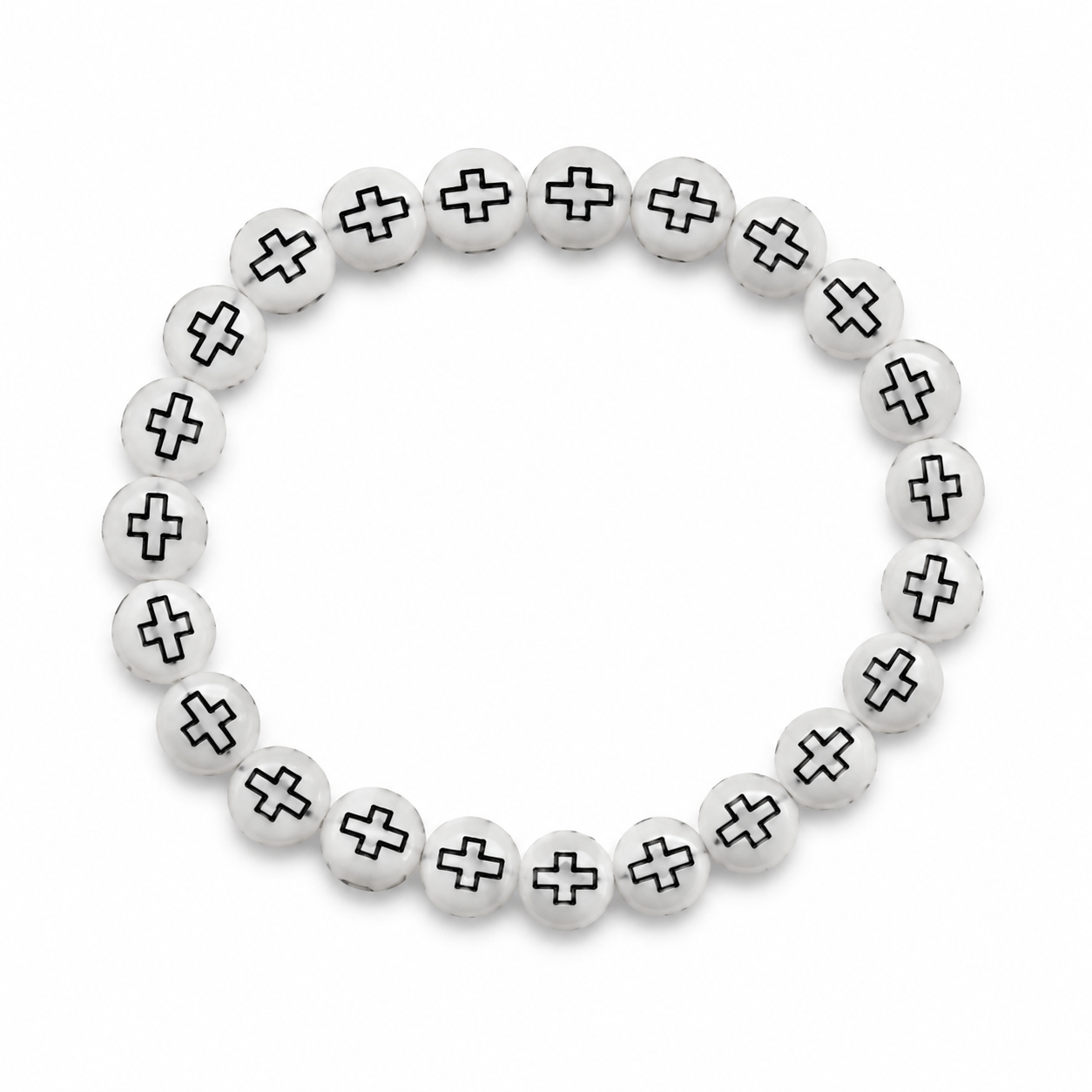 Elastisches Armband aus silberfarbenen Perlen mit eingelegten Kreuzen