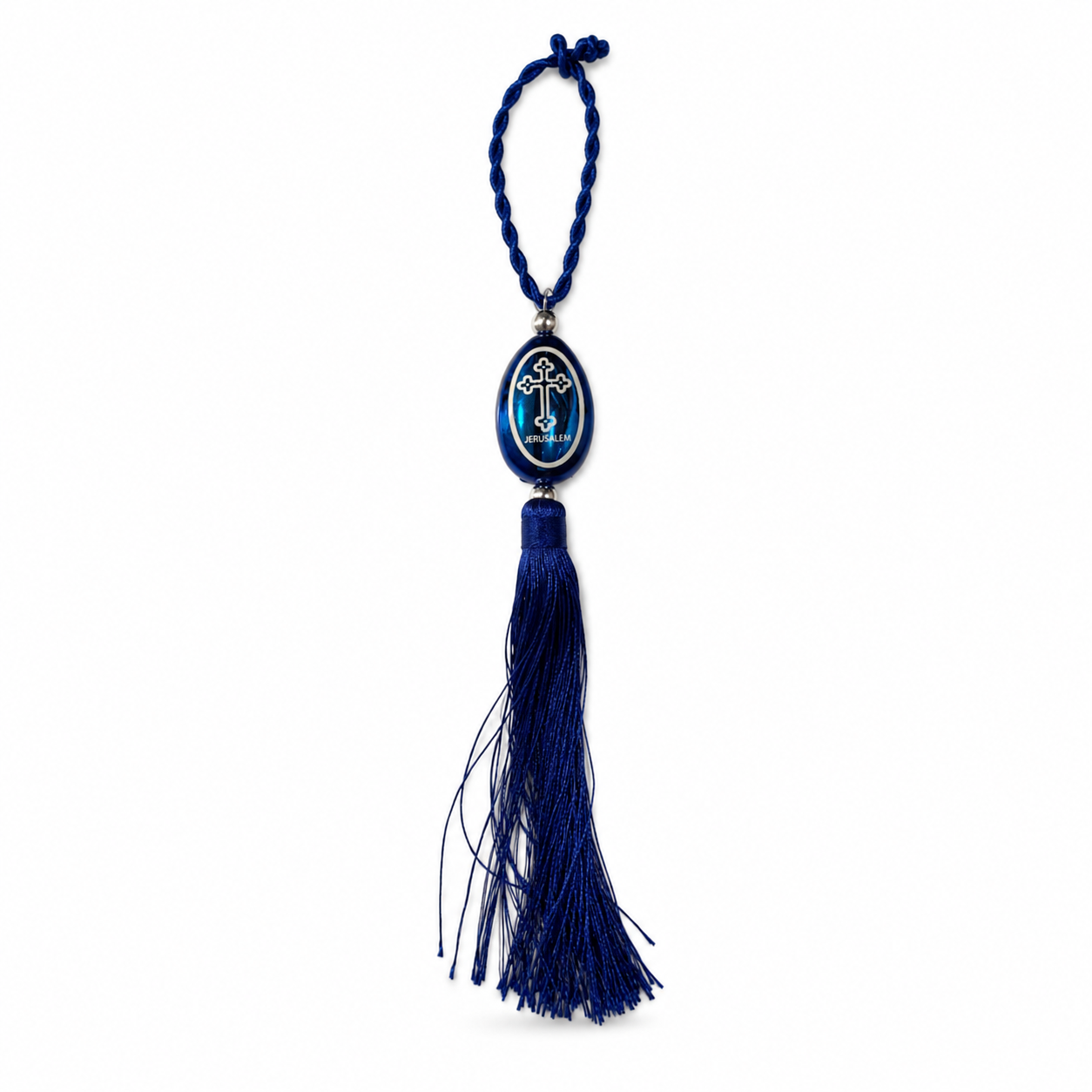 Blauer Anhänger mit orthodoxem Kreuz und blauer Seidenquaste