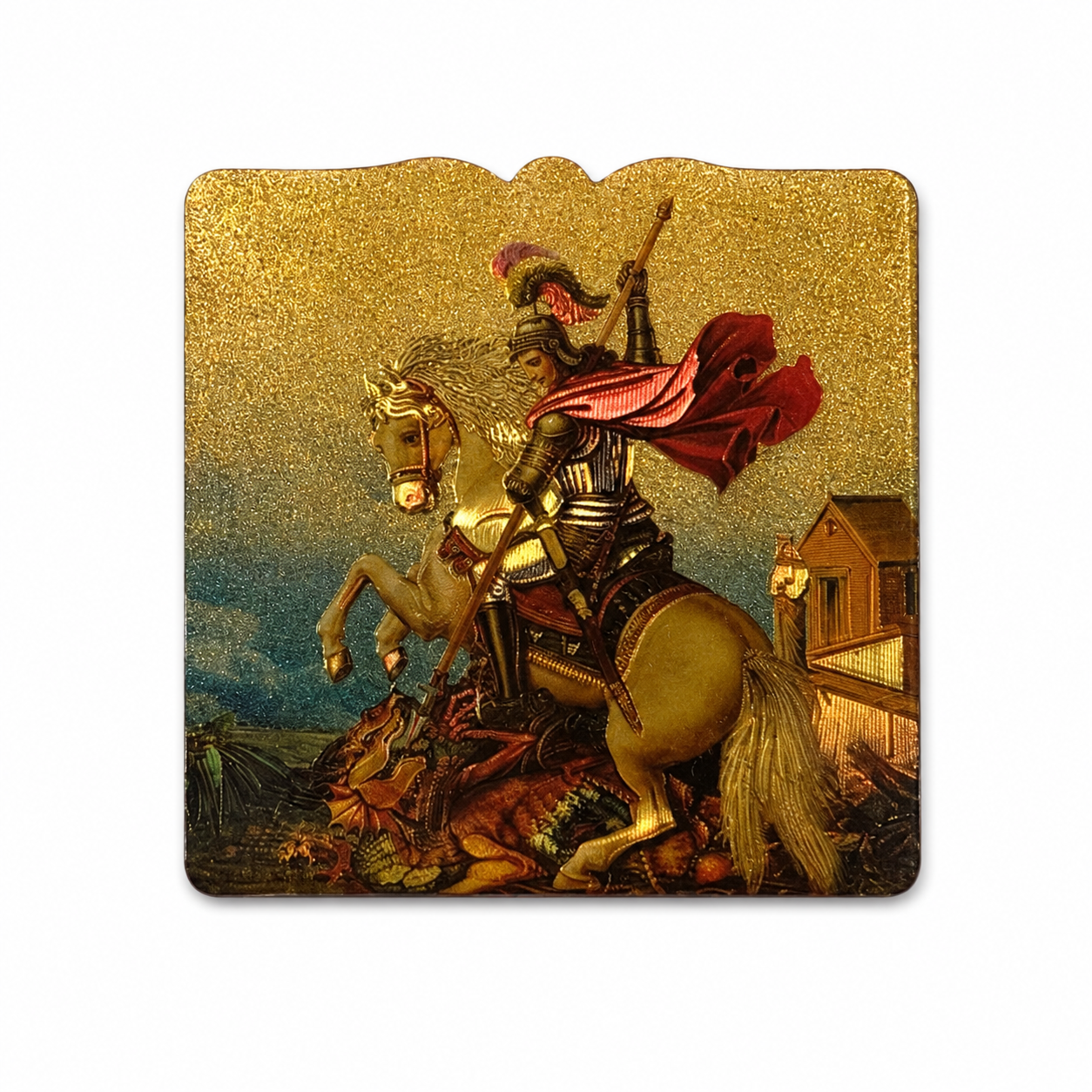 Goldene Ikonentafel mit dem Heiligen Georg zu Pferd im Kampf mit dem Drachen