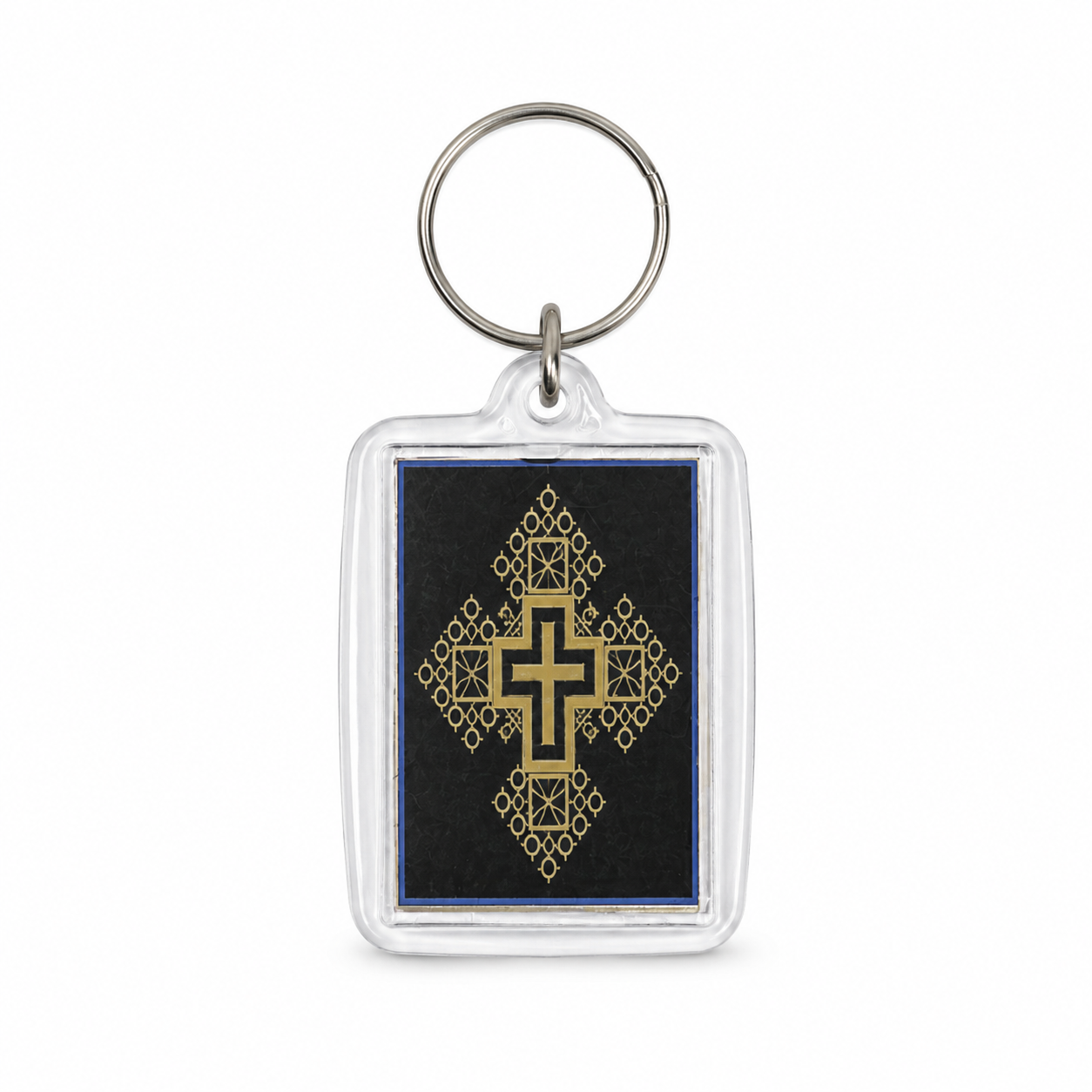 Schlüsselanhänger aus Acryl mit goldenem orthodoxem Kreuz auf schwarzem Grund