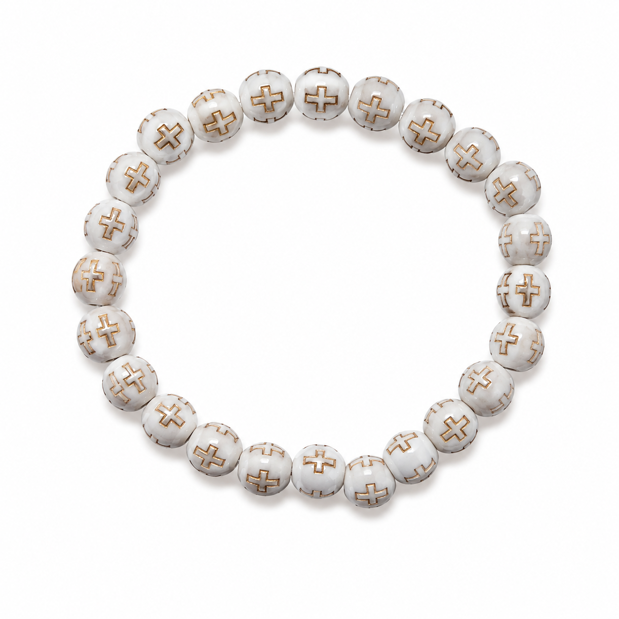 Elastisches Armband aus weissen Perlen mit goldenen Kreuzmotiven