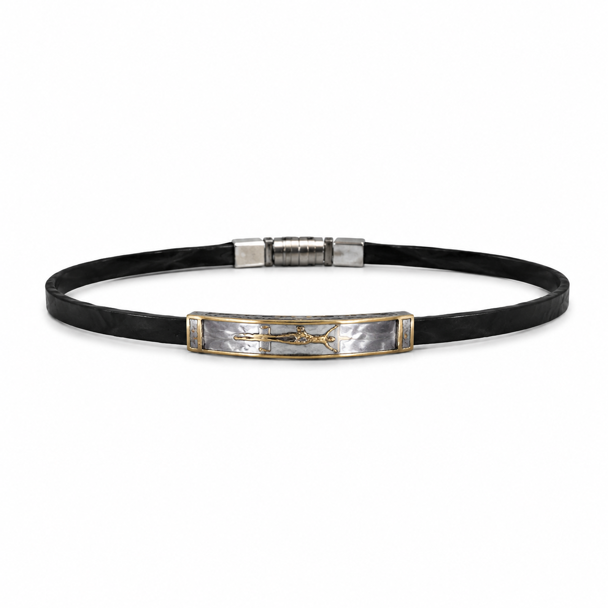 Schwarzes Lederarmband mit silber-goldener Kreuzplatte